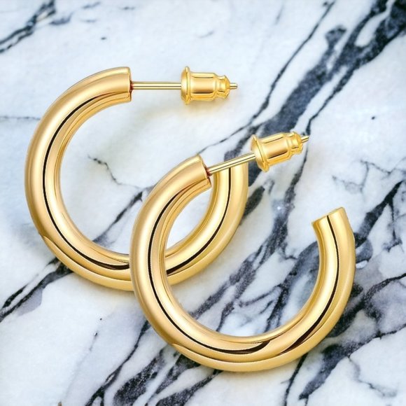 Chunky Gold Hoop Earrings 14K Real Gold Plated Hypoallergenic Posts Lightweight - Picture 4 of 6